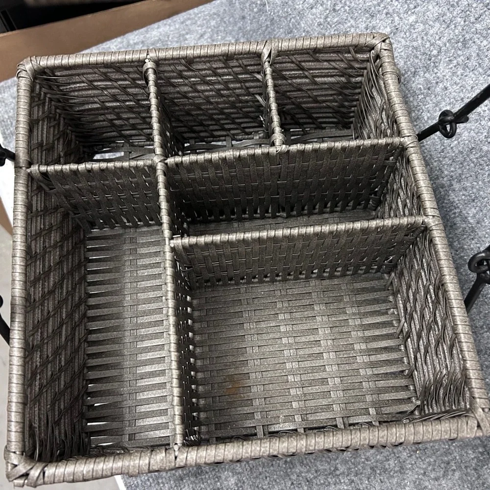 Woven Flatware Caddy 5 Compartment Silverware Organizer Gray Wicker Metal Handle